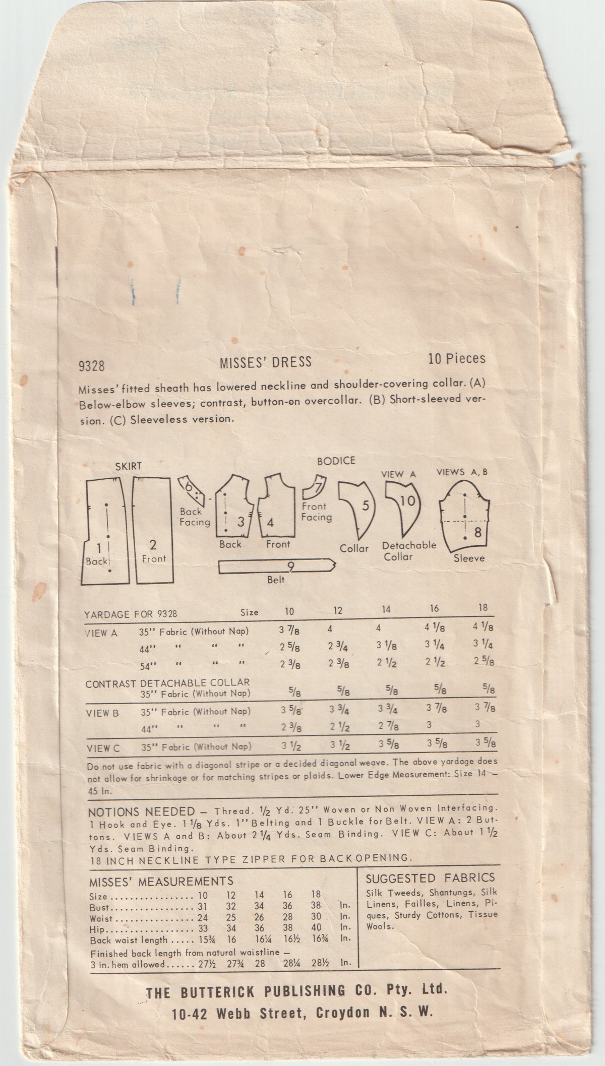 Butterick 9328 Womens Collared Sheath Dress 1960s Vintage Paper Sewing Pattern Size 16 Bust 36 inches