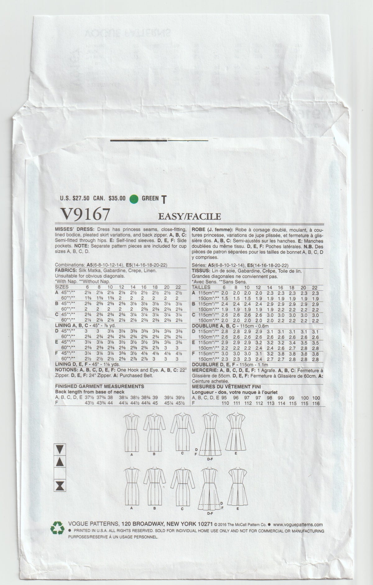 Vogue 9167 Womens Custom Fit Panelled Dresses Out Of Print Paper Sewing Pattern Size 14 - 22 UNCUT Factory Folded