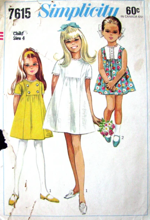 Simplicity 7615 Girls Empire Waisted Mini Dress 1960s Vintage Paper Sewing Pattern Size 8
