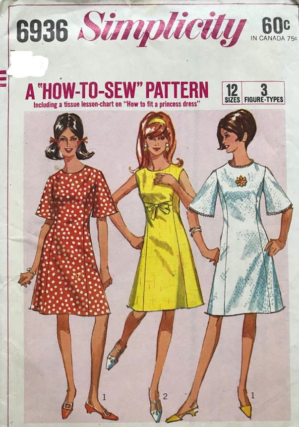 Simplicity 6936 Teen Girls Bell Sleeved Princess Dress 1960s Vintage Sewing Pattern Size 12 Bust 32 inches