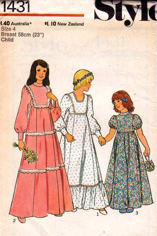 Style 1431 Toddler Girls Bridesmaid Flower Girl Dress 1970s Vintage Sewing Pattern Size 4 UNCUT Factory Folded