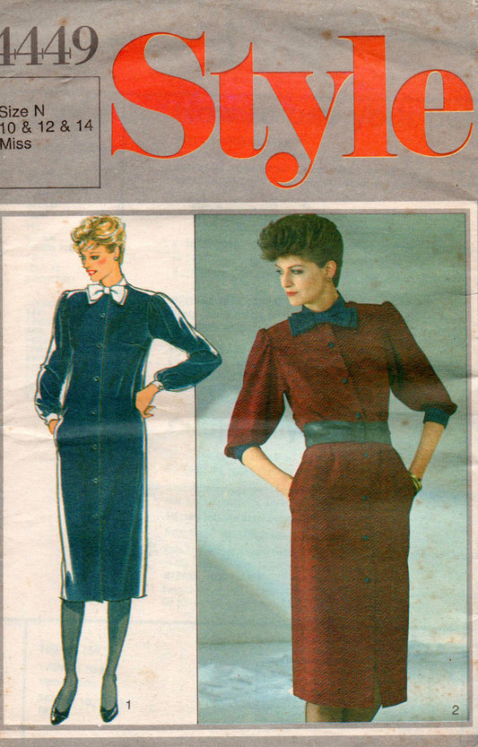 Style 4449 Womens Puff Sleeved Shirtdress 1980s Vintage Sewing Pattern 10 - 14 or 14 - 18 UNCUT Factory Folded