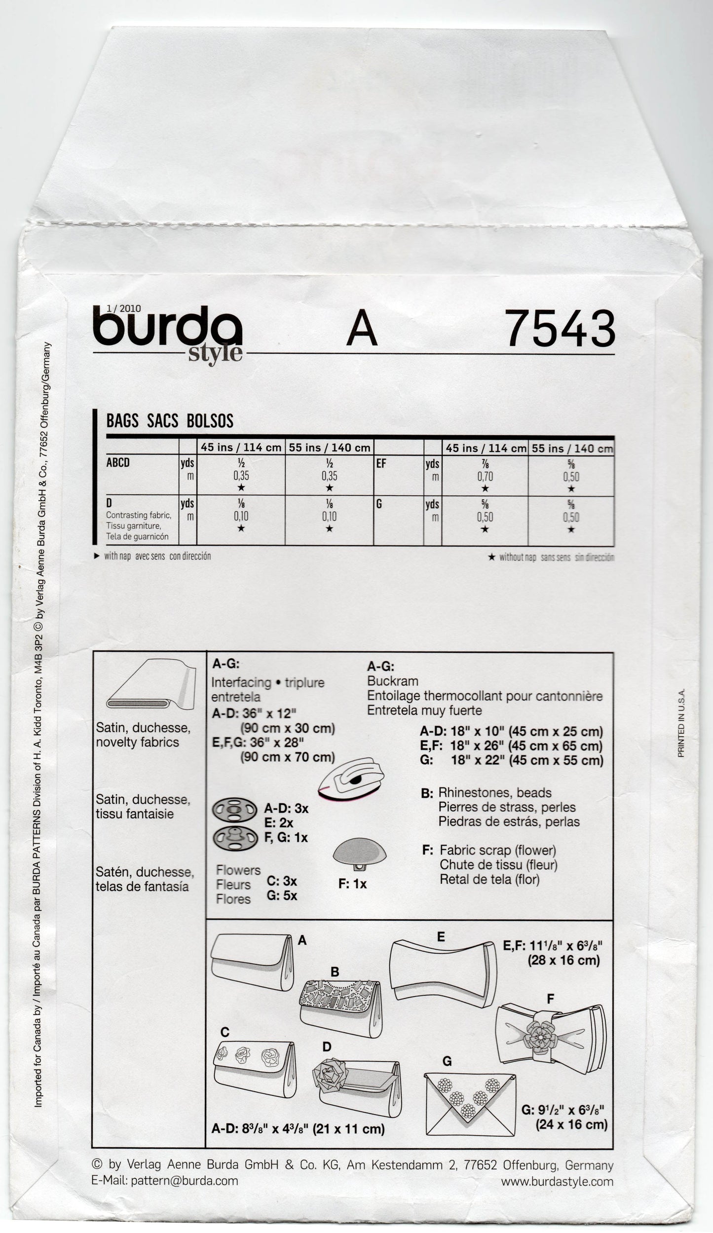 Burda 7543 Evening Clutch Purses Out Of Print Sewing Pattern UNCUT Factory Folded