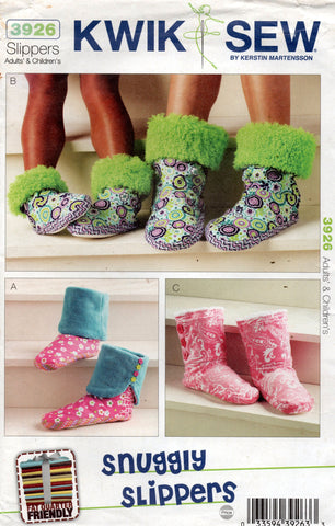 Kwik Sew 3926 Adults & Childrens Snuggly Slippers Out Of Print Sewing Pattern UNCUT Factory Folded