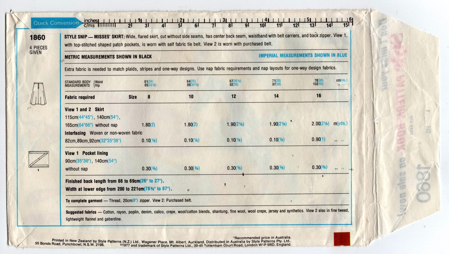 Style 1860 Womens EASY Flared Skirt 1970s Vintage Sewing Pattern Size 12  or 16