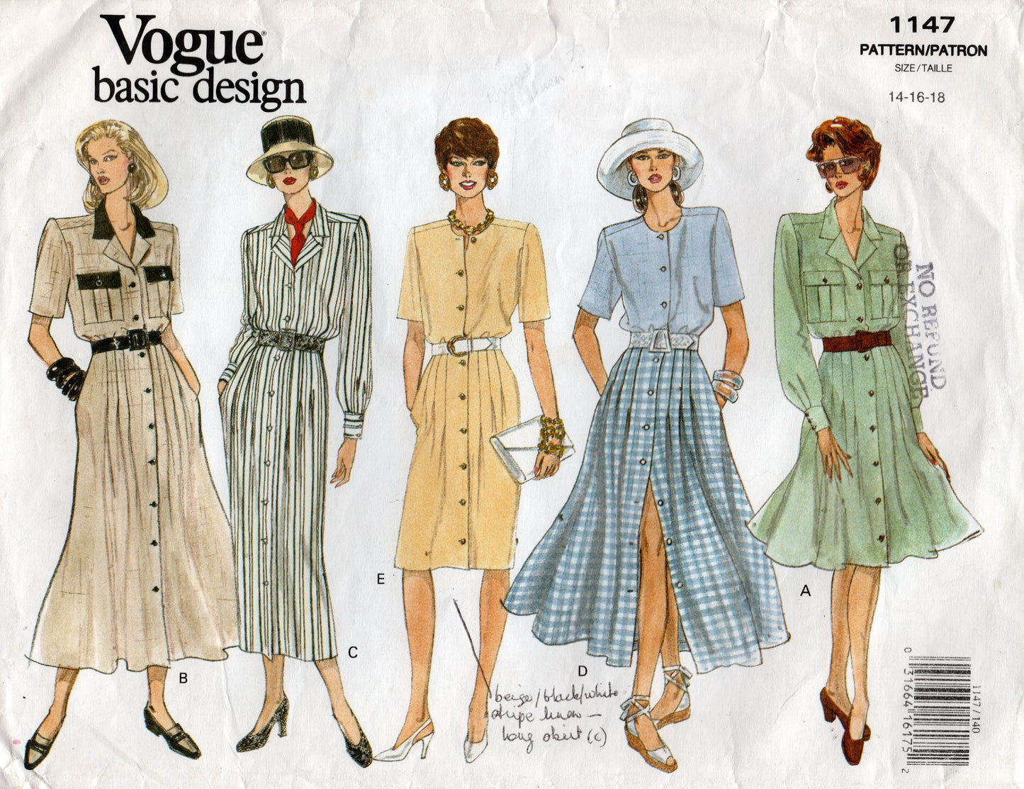Vogue Basic Design 1147 Womens Tucked Front Shirtdresses with Pockets & Contrast 1990s Vintage Sewing Pattern Size 8 - 12 or 14 & 16