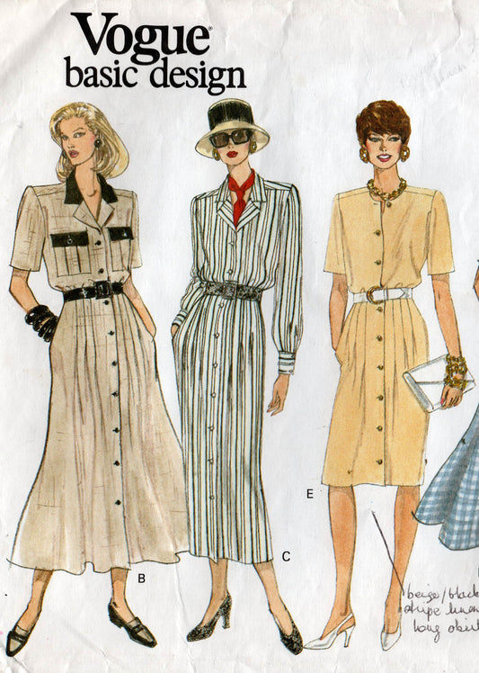 Vogue Basic Design 1147 Womens Tucked Front Shirtdresses with Pockets & Contrast 1990s Vintage Sewing Pattern Size 8 - 12 or 14 & 16