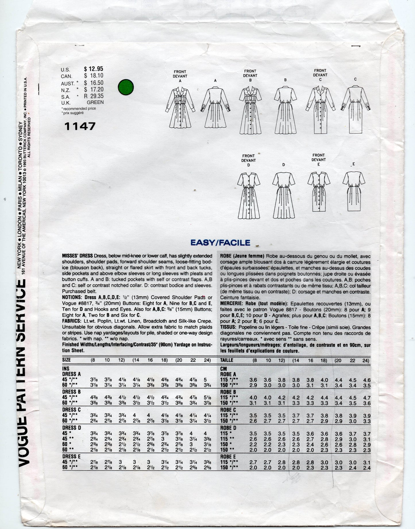 Vogue Basic Design 1147 Womens Tucked Front Shirtdresses with Pockets & Contrast 1990s Vintage Sewing Pattern Size 8 - 12 or 14 & 16