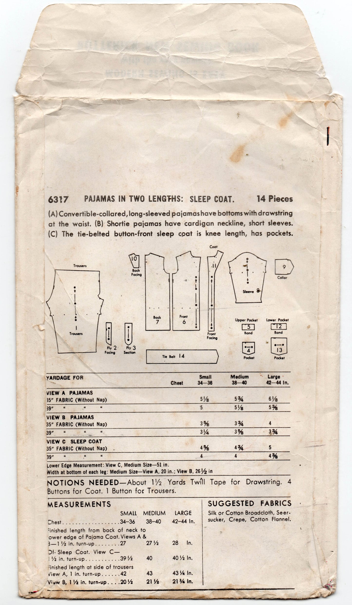 Butterick 6317 Mens Pajamas in 2 Lengths & Robe 1950s Vintage Sewing Pattern Size Size Small or Large