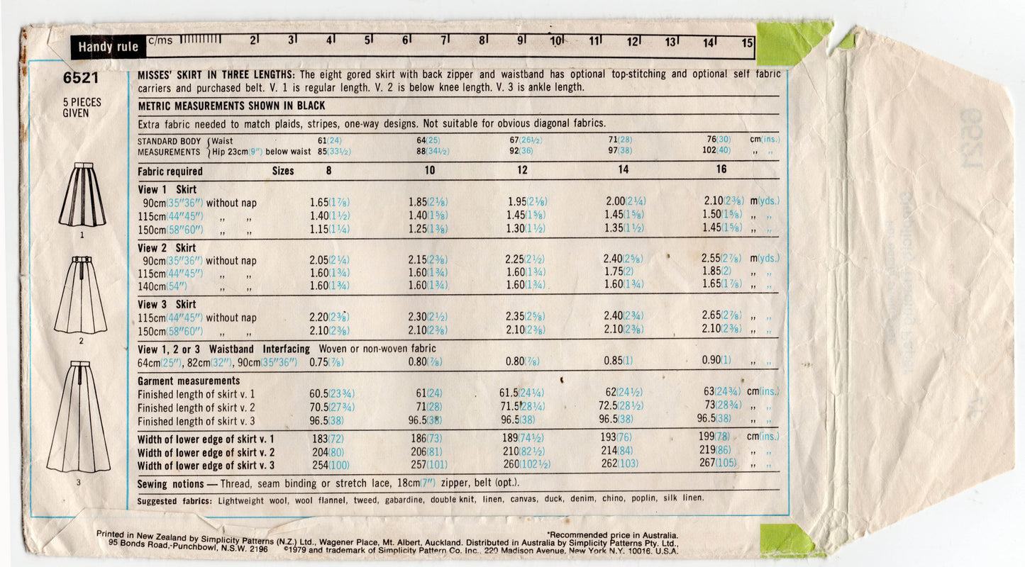 Simplicity 6521 Womens Panelled Skirt or Maxi 1970s Vintage Sewing Pattern Size 8, 10 or 14