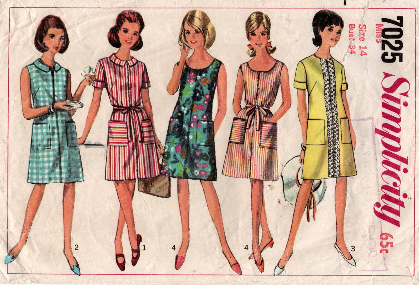 Simplicity 7025 Womens EASY Summer Shift Dress with Pockets 1960s Vintage Paper Sewing Pattern Size 12 Bust 32 inches