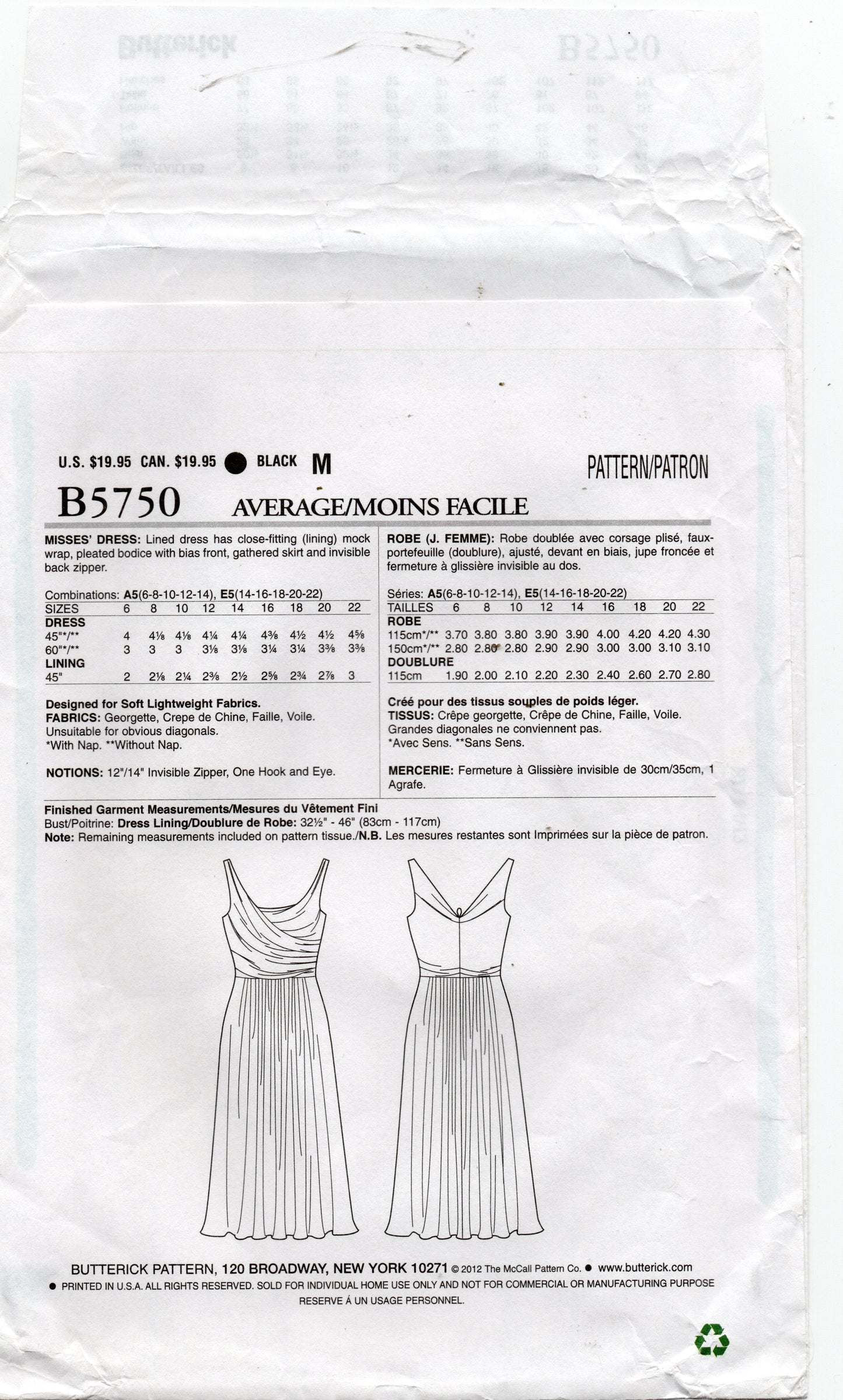 Patrón de costura para vestido de noche con corpiño cruzado y forro para mujer Butterick B5750 SUZI CHIN, agotado, talla 6-14, sin cortar, doblado de fábrica