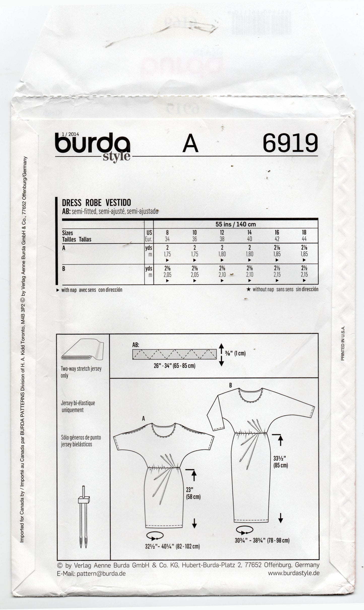 Burda Style 6919 Womens EASY 2 Way Stretch Knit Dresses Out Of Print Sewing Pattern Sizes 8 - 18 UNCUT Factory Folded