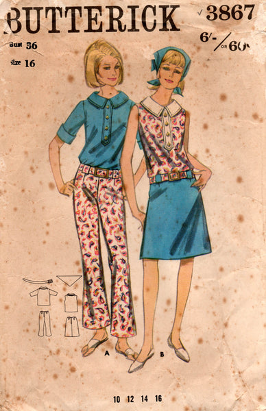 Butterick 3867 Womens Tab Front Blouse Hipster Bell Bottom Pants & Skirt 1960s Vintage Sewing Pattern Size 16 Bust 36 inches