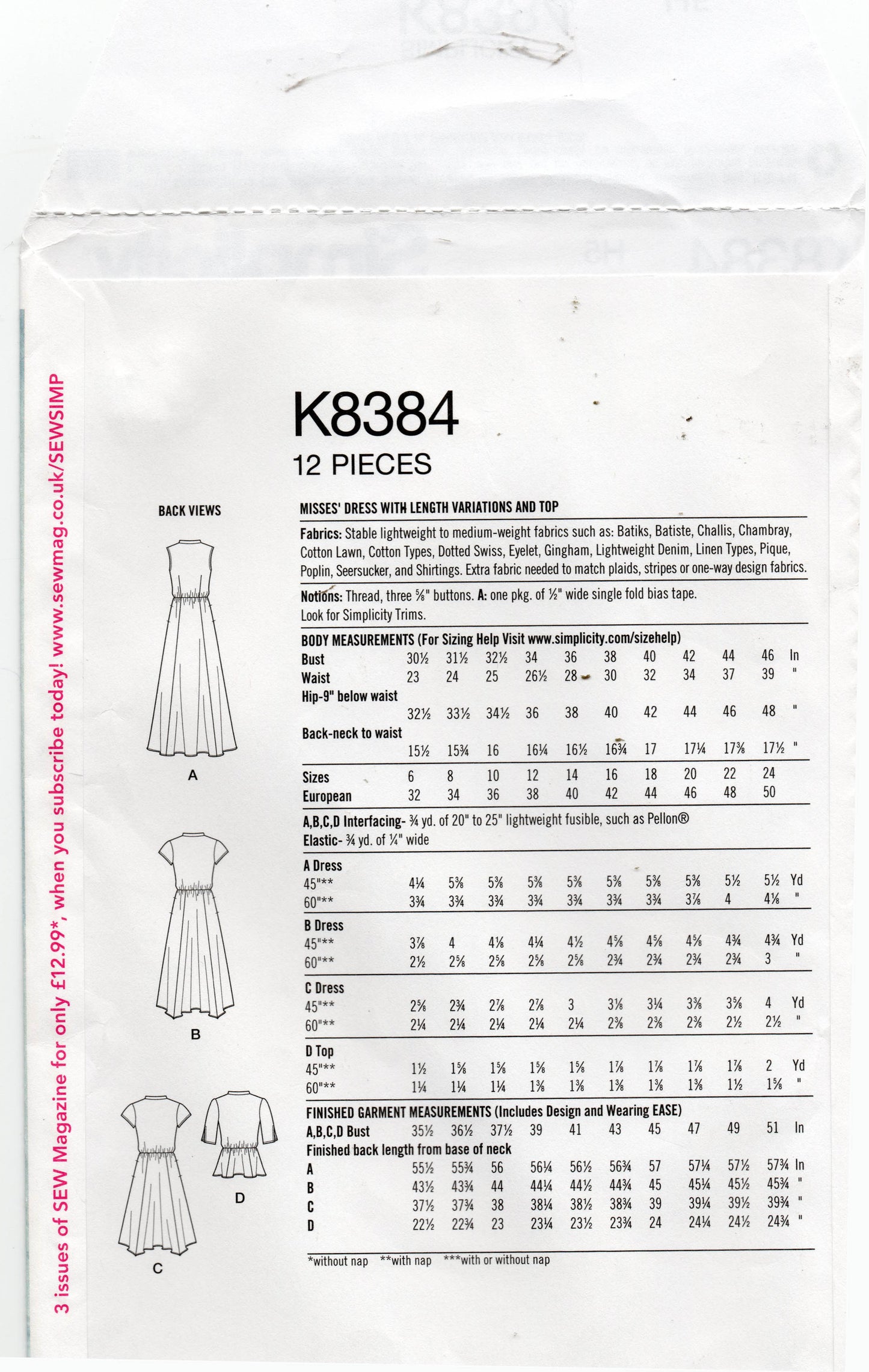 Simplicity K8384 Womens Shirtdress & Top Out Of Print Sewing Pattern Size 6 - 14 UNCUT Factory Folded