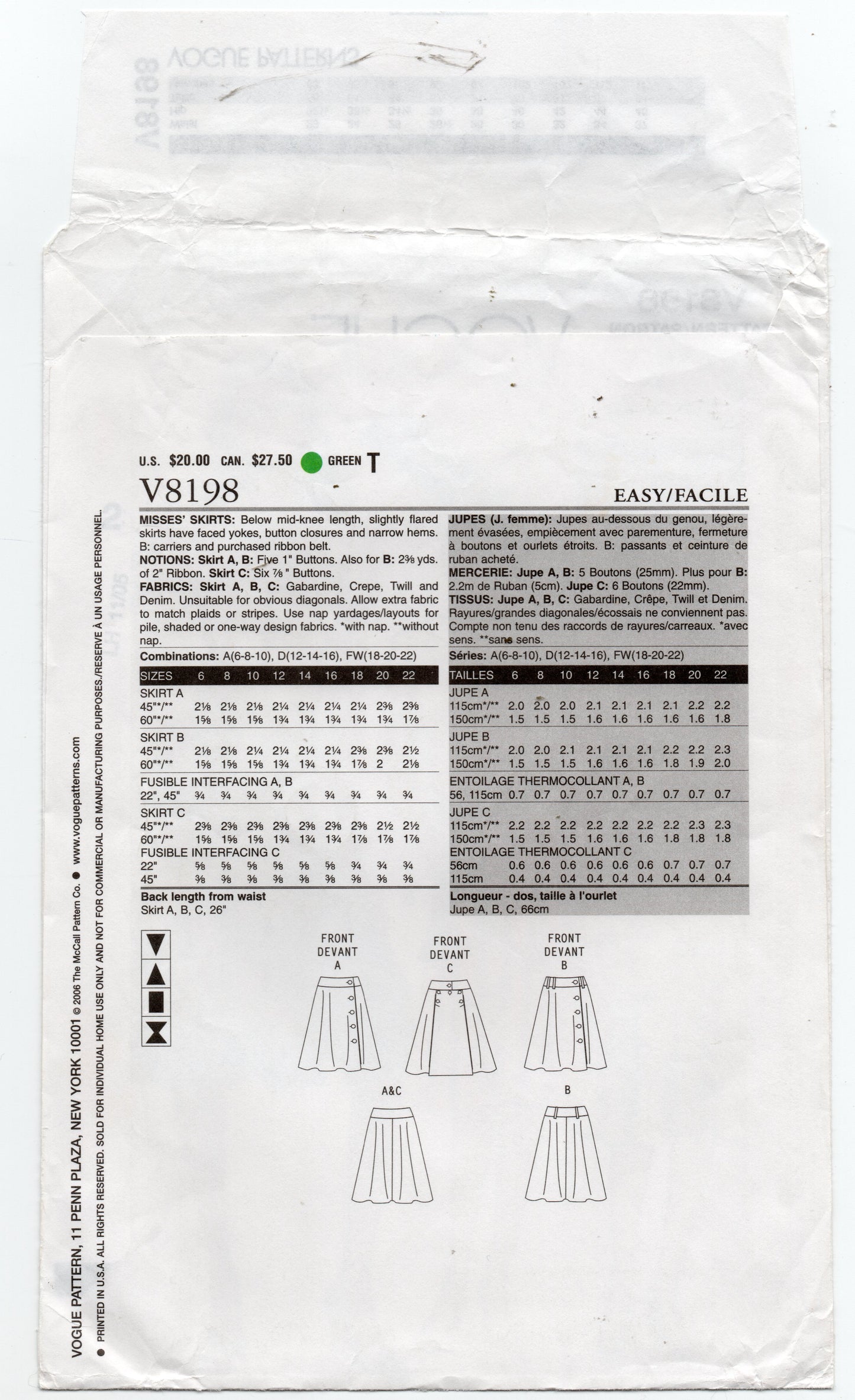 Patrón de costura de falda cruzada o náutica con ribete de botones para mujer Vogue V8198, agotado, talla 12-16, sin cortar, doblado de fábrica