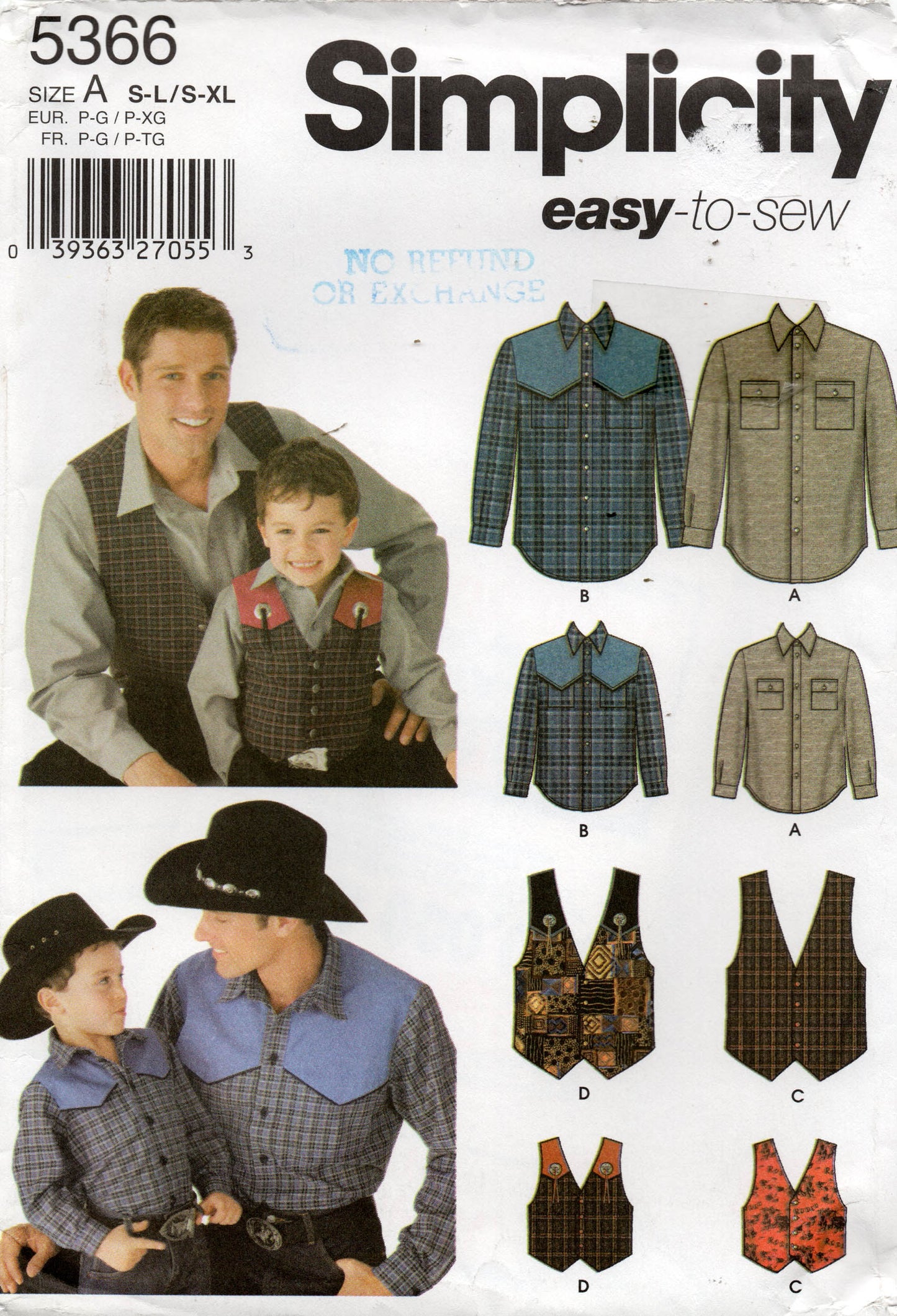 Patrón de costura agotado para camisas y chalecos de vaquero Simplicity 5366 para hombres y niños TODOS LOS TAMAÑOS SIN CORTAR Plegado de fábrica