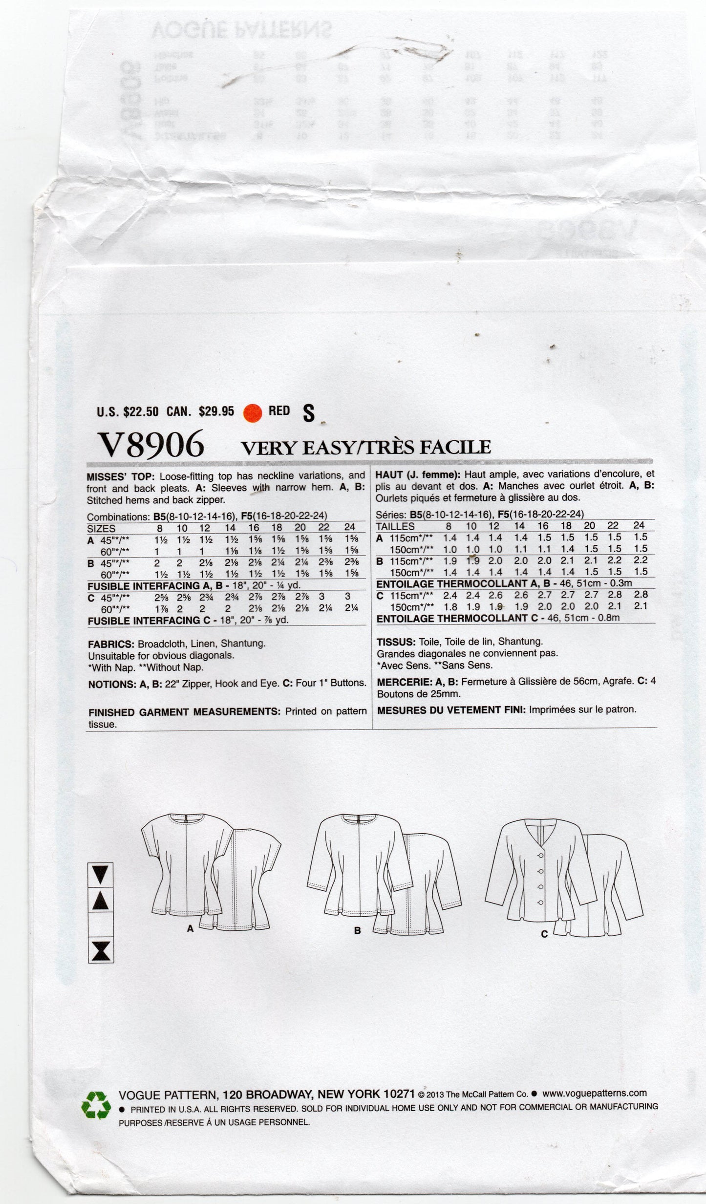 Very Easy Vogue V8906 Womens Tucked Waist Tops Out Of Print Sewing Pattern Size 8 - 16 UNCUT Factory Folded