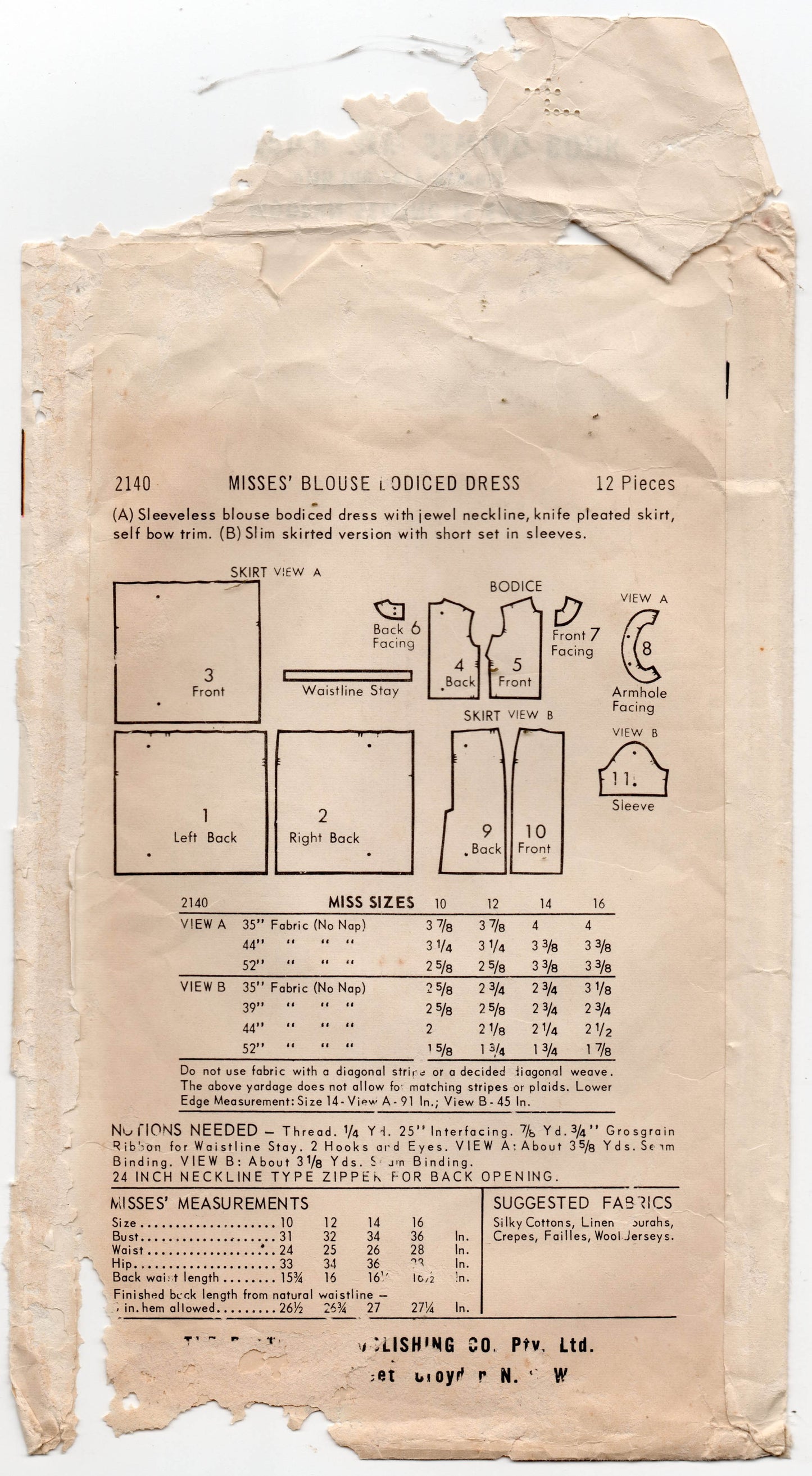 Butterick 2140 Womens Blouse Bodice Dress with Full Or Pleated Skirt 1960s Vintage Sewing Pattern Size 12 Bust 32 inches