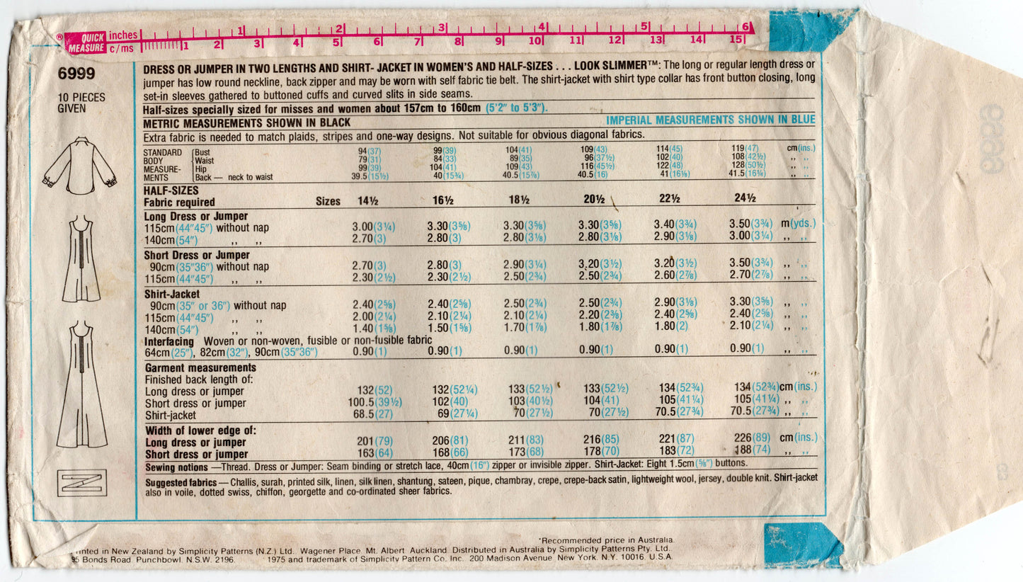 Simplicity 6999 Womens Half Sized Dress Jumper & Blouse 1970s Vintage Sewing Pattern Size 16 1/2 Bust 39 inches