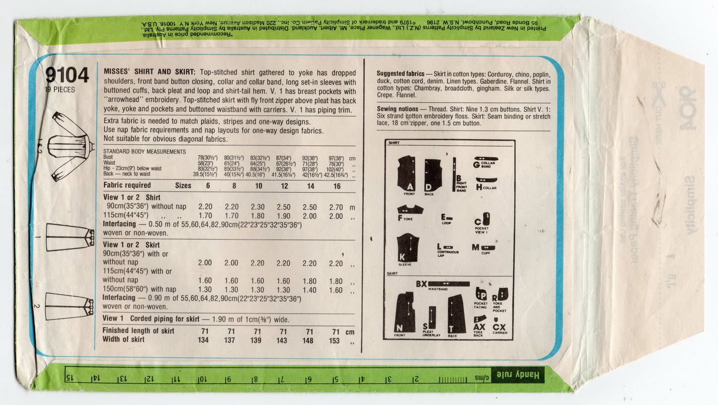 Simplicity 9104 Womens Western Style Shirt & Jean Skirt 1970s Vintage Sewing Pattern Size 16 Bust 38 inches