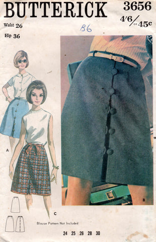 Butterick 3656 Womens A Line Button Trimmed Skirt 1960s Vintage Sewing Pattern Waist 26 inches