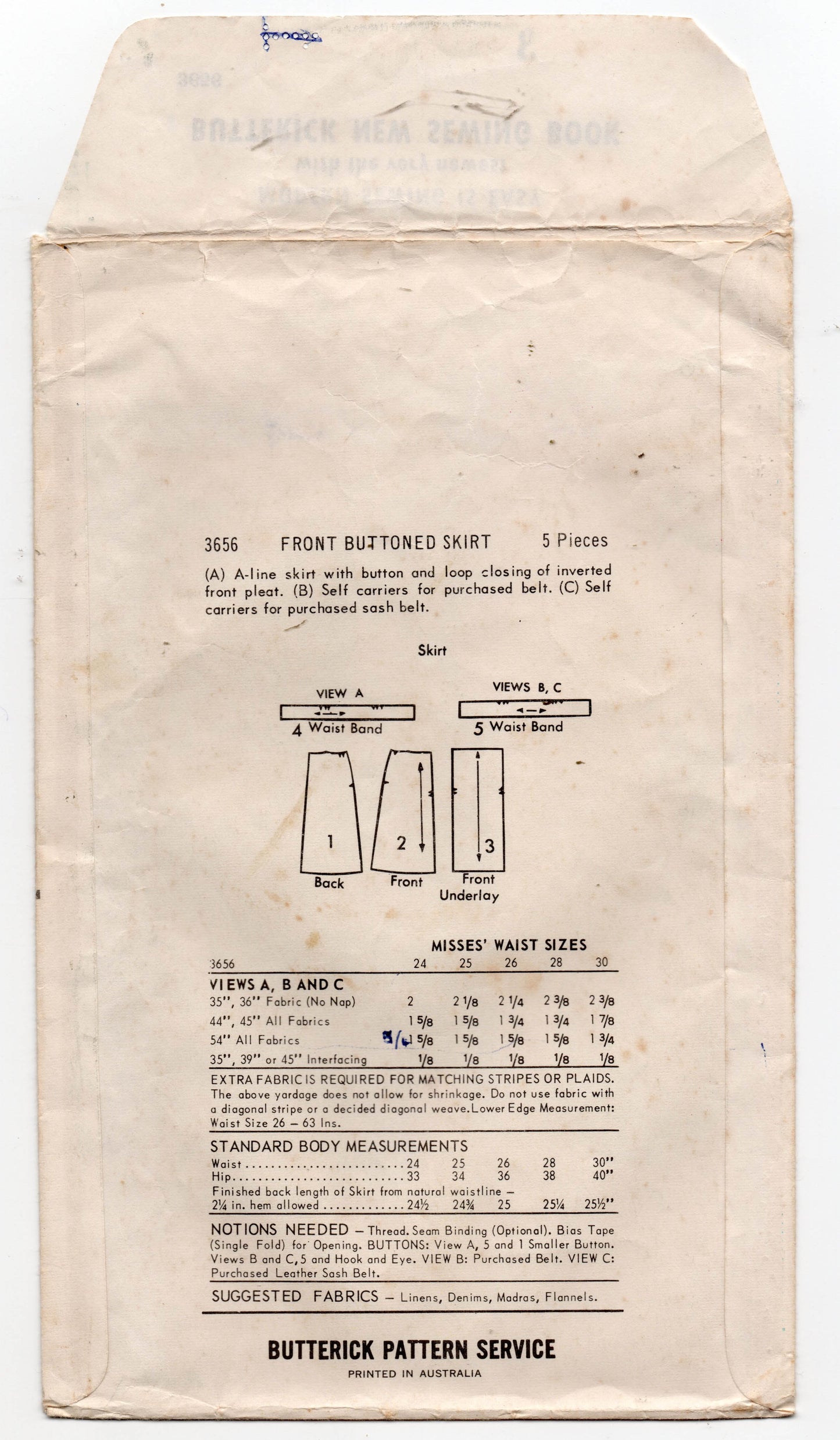 Butterick 3656 Womens A Line Button Trimmed Skirt 1960s Vintage Sewing Pattern Waist 26 inches