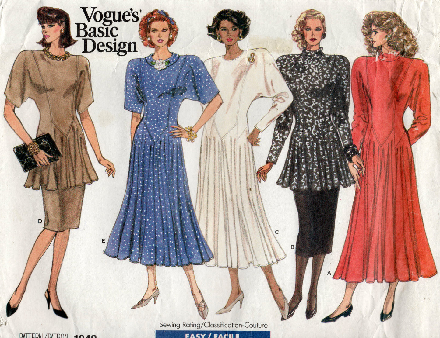 Vogue Basic Design 1942 Womens Dolman Sleeved Dress Tunic & Skirt 1980s Vintage Sewing Pattern Size 8 - 12 or 14 - 18 UNCUT Factory Folded