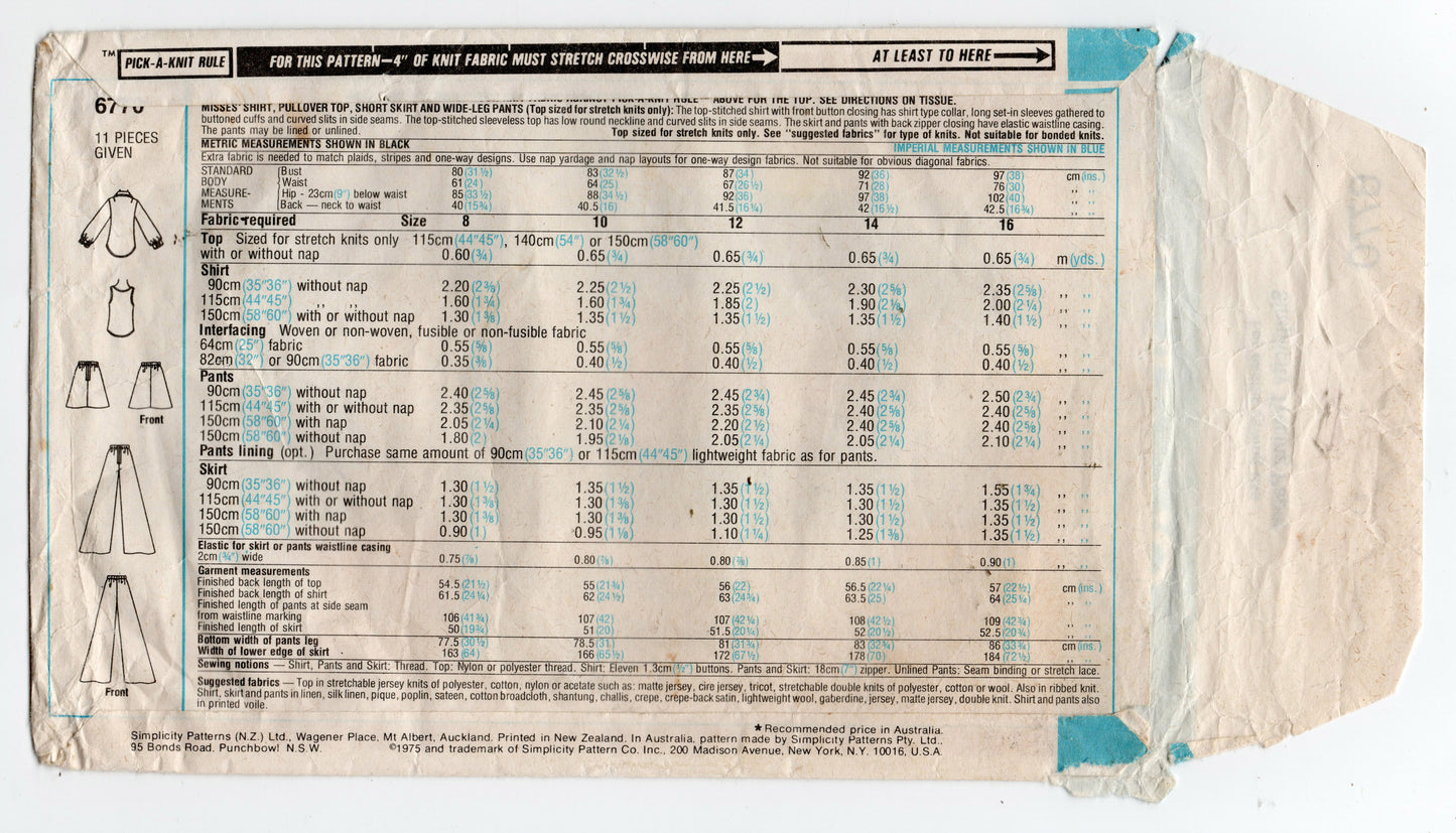 Simplicity 6770 Womens Wide Collar Shirt Stretch Top Skirt & Wide Leg Pants 1970s Vintage Sewing Pattern Size 14 Bust 36 inches