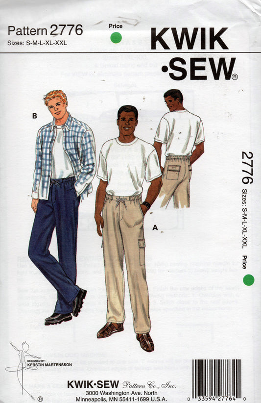 Patrón de costura Kwik Sew 2776 para pantalones cargo casuales de hombre, década de 1990, tallas S a XXL, sin cortar, doblado de fábrica