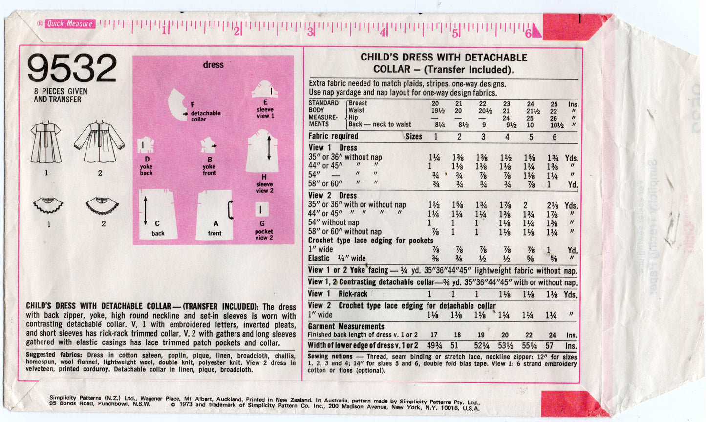 Simplicity 9532 Toddler Girls Babydoll Dress with Detachable Collar and Iron On Transfers 1970s Vintage Sewing Pattern Size 3