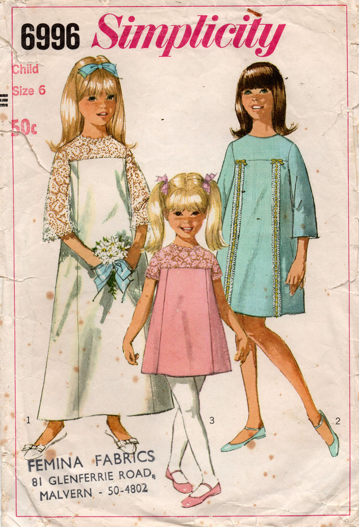 Simplicity 6996 Girls Evening Bridesmaids Flower Girl Dress 1960s Vint