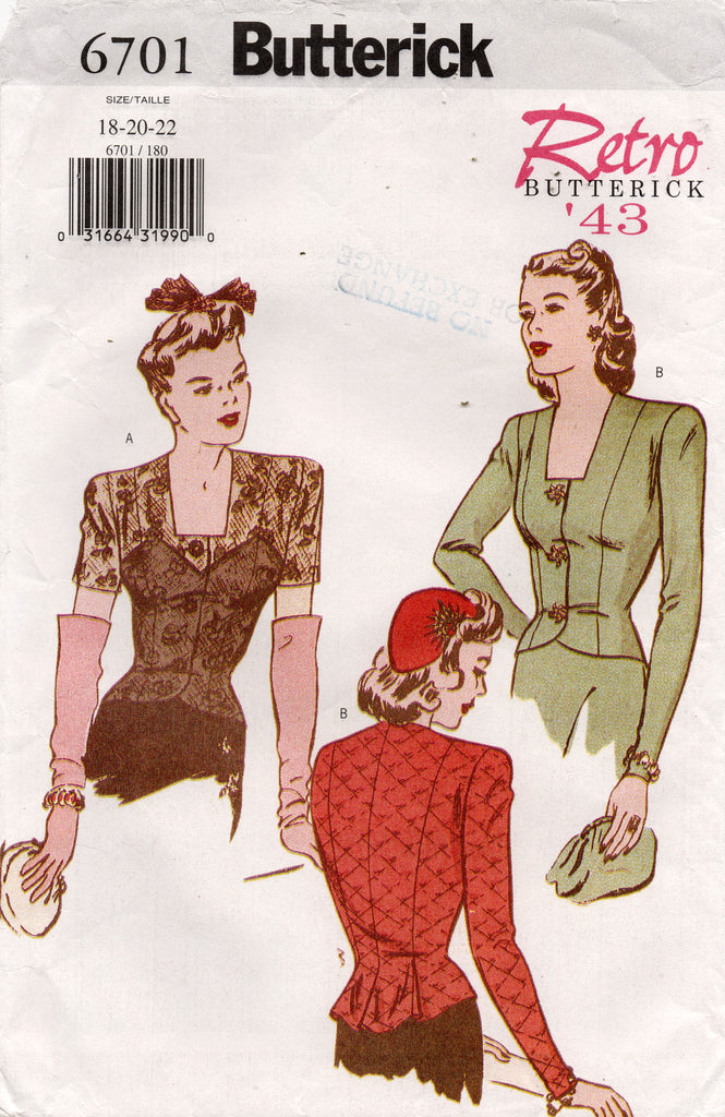Butterick 6701 Womens Reissued 1940s Peplum Blouse Out Of Print Sewing
