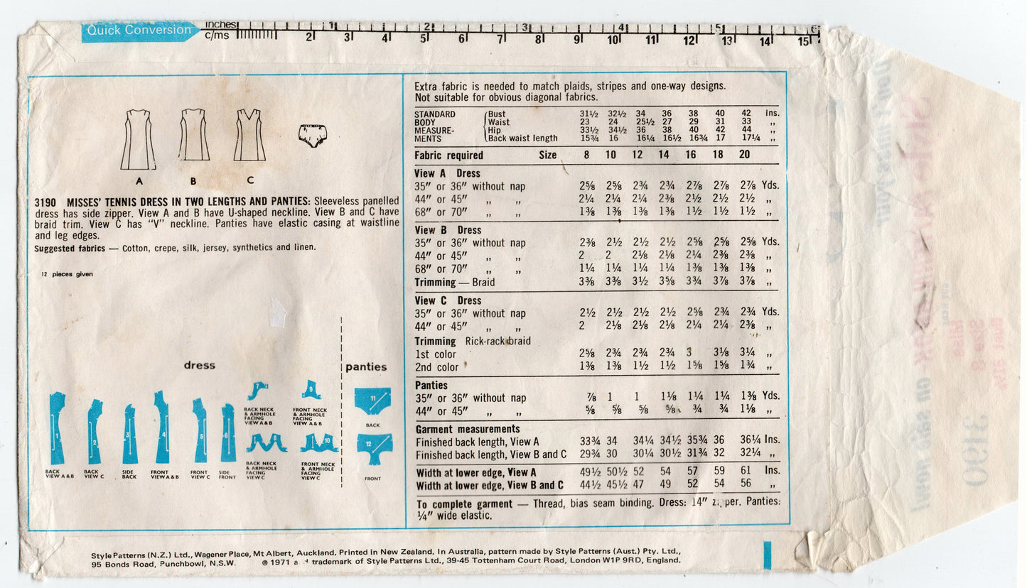 Style 3190 Womens Dress or Tennis Dress & Panties 1970s Vintage Sewing Pattern Size 8 or 16