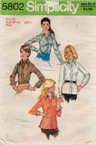 Simplicity 5802 Womens Wide Collar Shirt & Ascot Tie 1970s Vintage Sewing Pattern Size 16 Bust 38 Inches UNCUT Factory Folded
