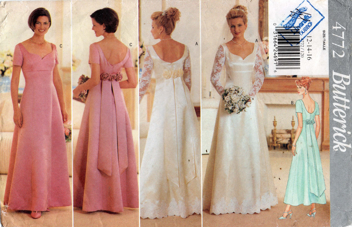 Butterick 4772 Womens High Waisted V Back Evening Wedding Bridesmaids Dress 1990s Vintage Sewing Pattern Size 12 - 16 UNCUT Factory Folded
