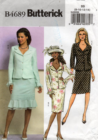 Butterick B4689 Womens Skirt Suit with Ruffled Sleeves & Hem Out Of Print Sewing Pattern Size 8 - 14 UNCUT Factory Folded