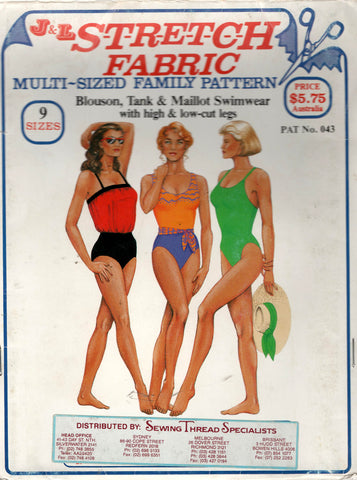 J & L Stretch 043 Womens Retro Stretch High Cut Leg Swimsuits in 3 Styles 1980s Vintage Sewing Pattern Size 6 - 22 UNCUT Factory Folded