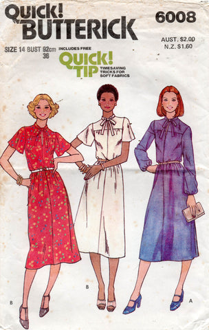 Butterick 6008 Womens Yoked Dress with Necktie 1980s Vintage Sewing Pattern Size 14 Bust 36 Inches