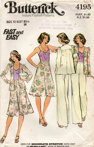 Butterick 4195 Womens Stretch Knit Puff Sleeved Cardigan Camisole Skirt & Pants 1970s Vintage Sewing Pattern Size 12 Bust 34 Inches UNCUT Factory Folded