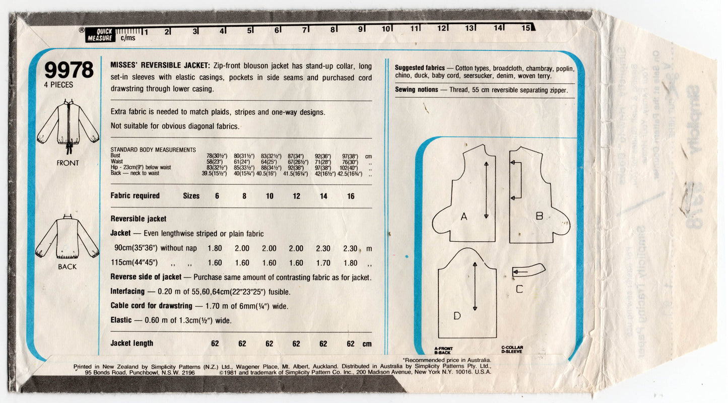 Simplicity 9978 Womens Reversible Zip Front Casual Jacket 1980s Vintage Sewing Pattern Size 10 12 or 14