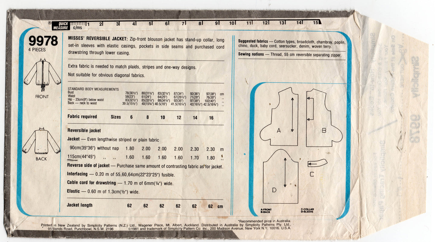 Simplicity 9978 Womens Reversible Zip Front Casual Jacket 1980s Vintage Sewing Pattern Size 10 12 or 14