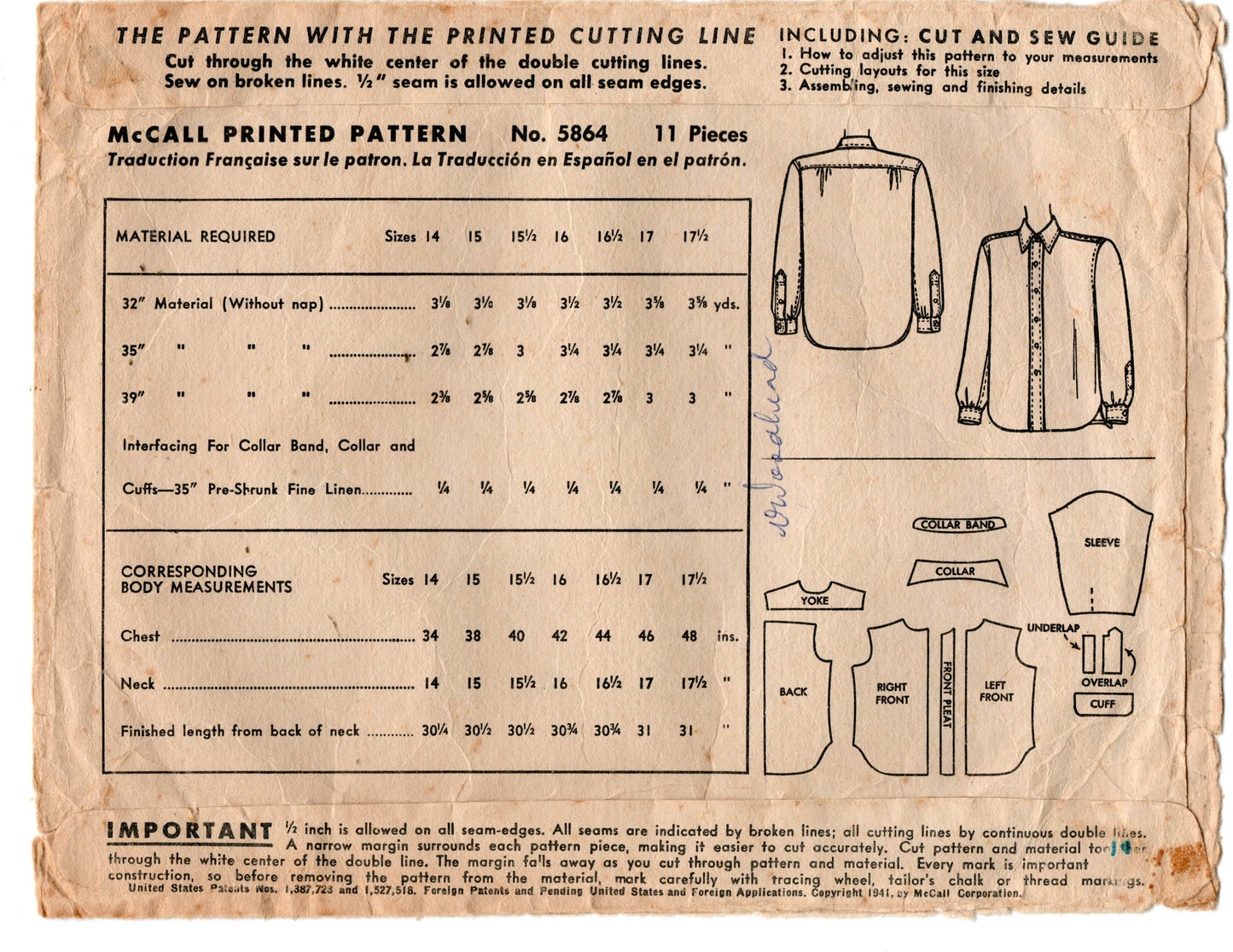 McCall 5864 Mens Classic Button Up Shirts 1940s Vintage Sewing Pattern Size 14 Chest 34 inches