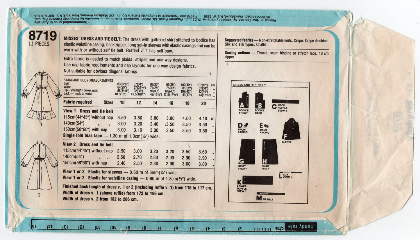 Simplicity 8719 Womens Blouson Dress with Ruffles 1970s Vintage Sewing Pattern Size 14 Bust 36 inches