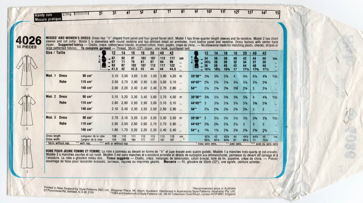 Style 4026 Womens Dress with Diagonal Seam Interest 1980s Vintage Sewing Pattern Size 16 Bust 38 inches