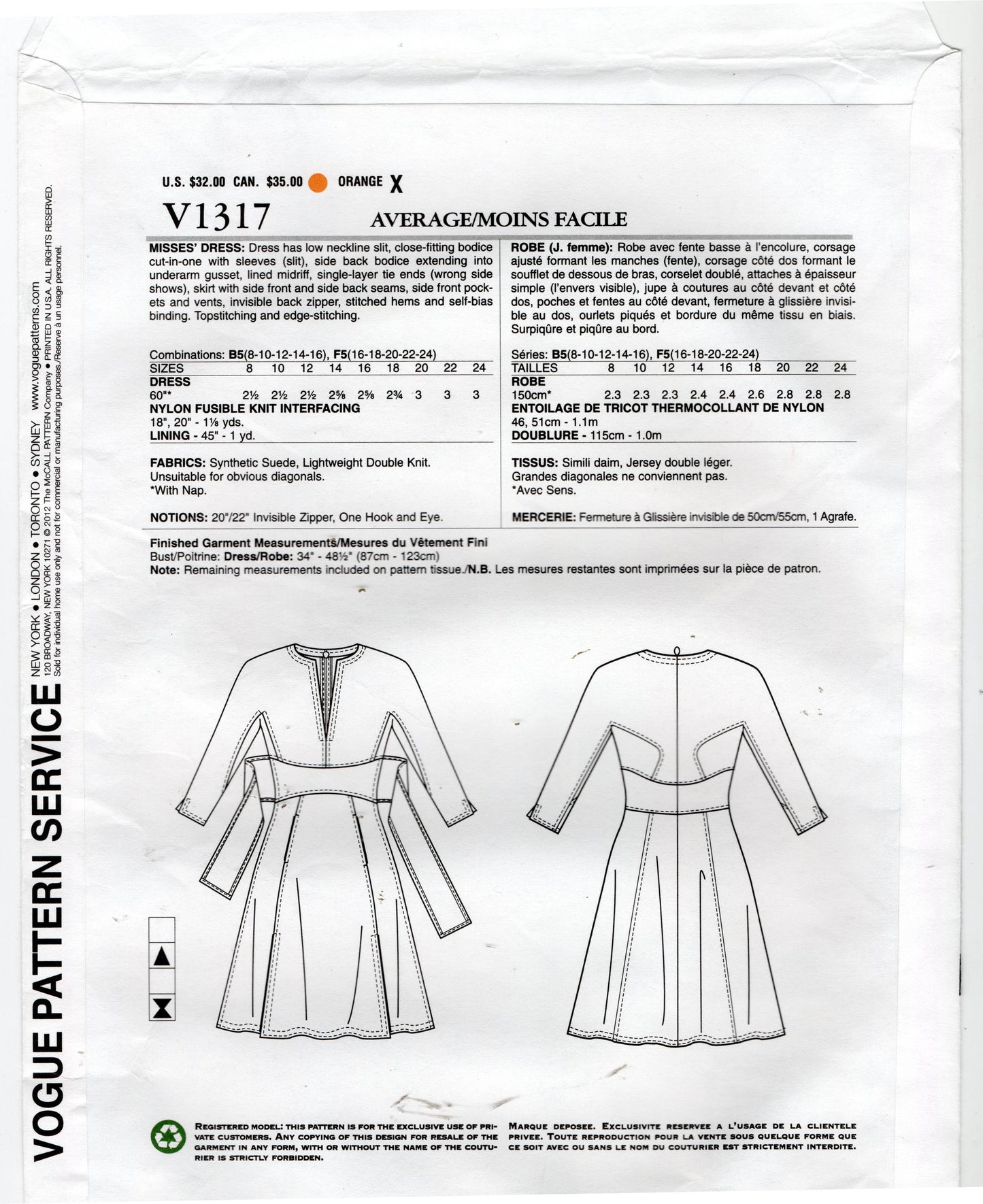 Patrón de costura de vestido con lazo delantero para mujer de Vogue American Designer V1317 CHADO Ralph Rucci, agotado, talla 16-24, sin cortar, doblado de fábrica