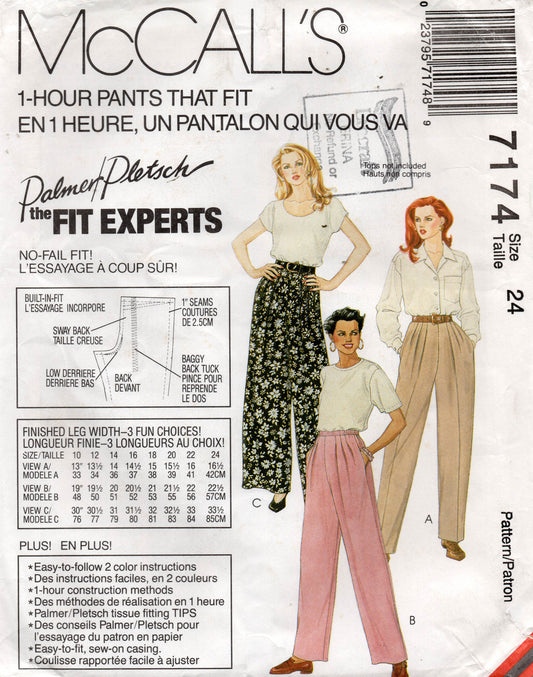 Patrón de costura vintage de los años 90, talla 24, sin cortar, doblado de fábrica, para pantalones Palmer Pletsch de 1 hora de McCall's 7174 para mujer en 3 estilos