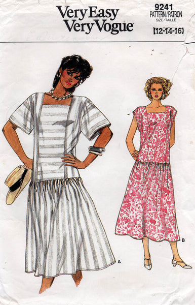 Very Easy Vogue 9241 Womens Square Neck Drop Waist Dress 1980s Vintage Sewing Pattern Size 12 & 14
