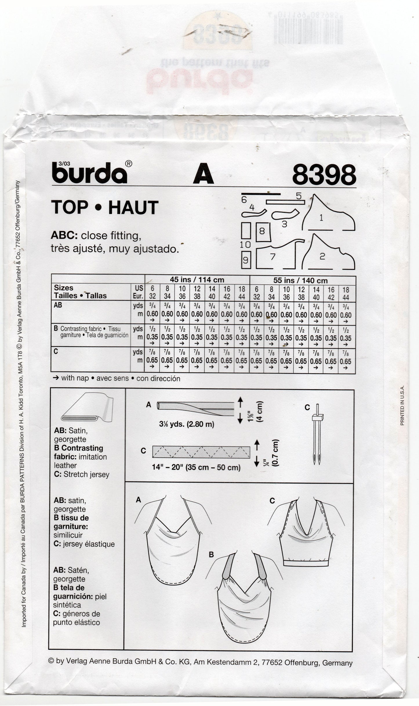 Burda 8398 EASY Womens Draped Halter Cowl Tops Out Of Print Sewing Pattern Sizes 6 - 18 UNCUT Factory Folded