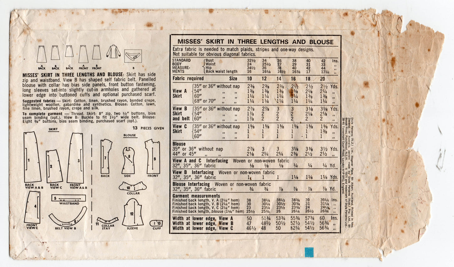 Style 2889 Womens Wide Collar Blouse & Skirt 1970s Vintage Sewing Pattern Size 10 Bust 32.5 inches